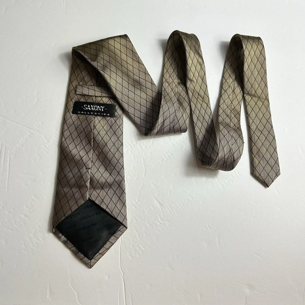 Saxony Collection Mens Tie Silk Necktie 58 Long Gold Brown Geometric Career Work